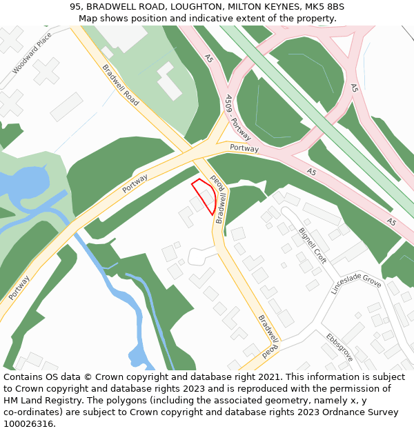 95, BRADWELL ROAD, LOUGHTON, MILTON KEYNES, MK5 8BS: Location map and indicative extent of plot