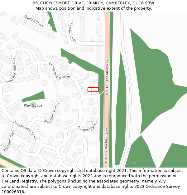 95, CHEYLESMORE DRIVE, FRIMLEY, CAMBERLEY, GU16 9BW: Location map and indicative extent of plot