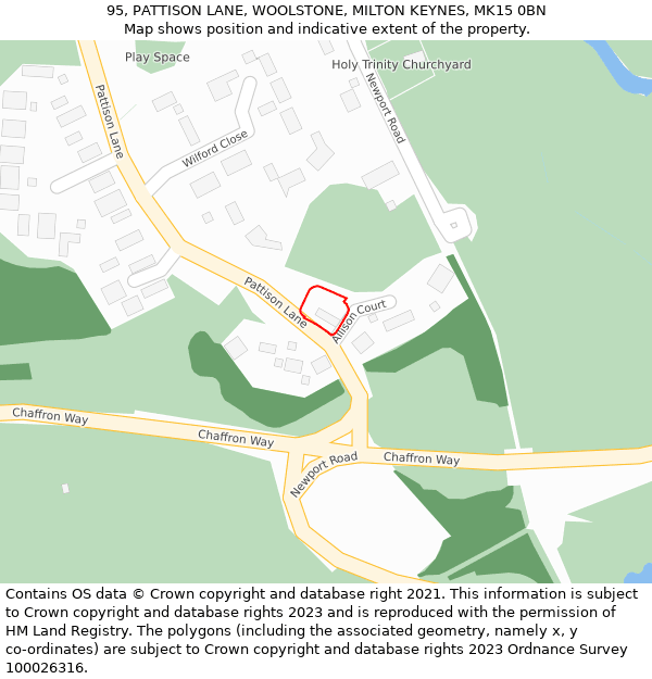 95, PATTISON LANE, WOOLSTONE, MILTON KEYNES, MK15 0BN: Location map and indicative extent of plot