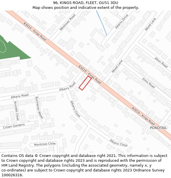 96, KINGS ROAD, FLEET, GU51 3DU: Location map and indicative extent of plot