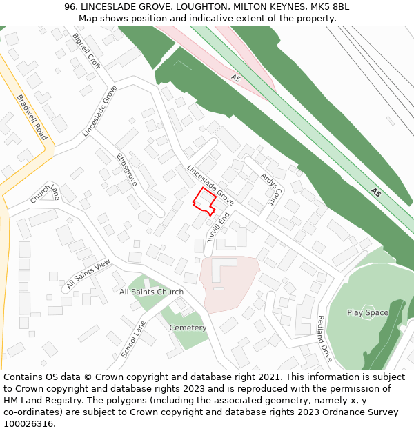 96, LINCESLADE GROVE, LOUGHTON, MILTON KEYNES, MK5 8BL: Location map and indicative extent of plot