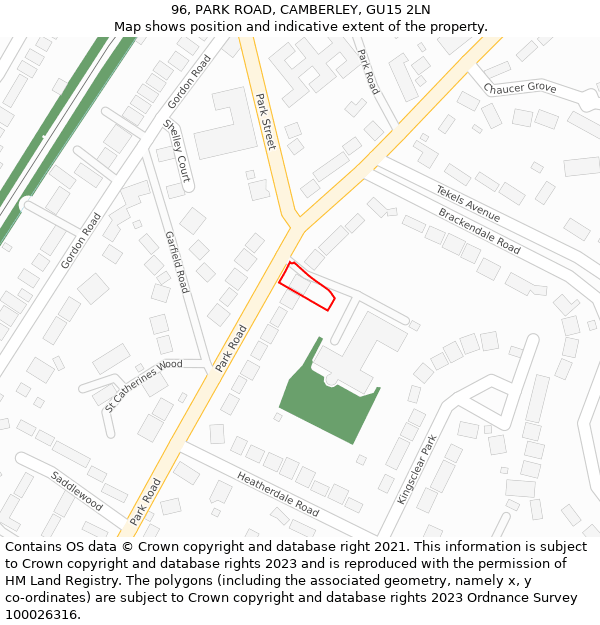 96, PARK ROAD, CAMBERLEY, GU15 2LN: Location map and indicative extent of plot
