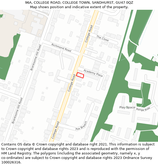 96A, COLLEGE ROAD, COLLEGE TOWN, SANDHURST, GU47 0QZ: Location map and indicative extent of plot