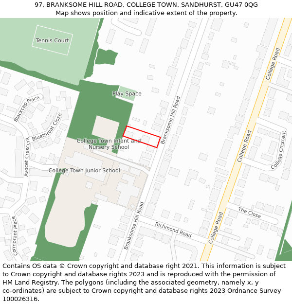 97, BRANKSOME HILL ROAD, COLLEGE TOWN, SANDHURST, GU47 0QG: Location map and indicative extent of plot