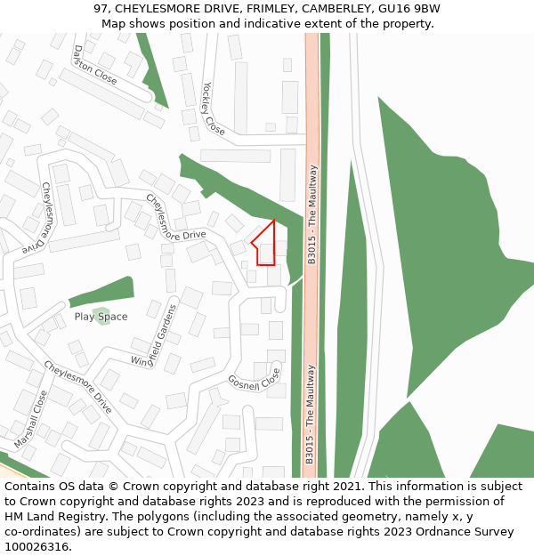 97, CHEYLESMORE DRIVE, FRIMLEY, CAMBERLEY, GU16 9BW: Location map and indicative extent of plot