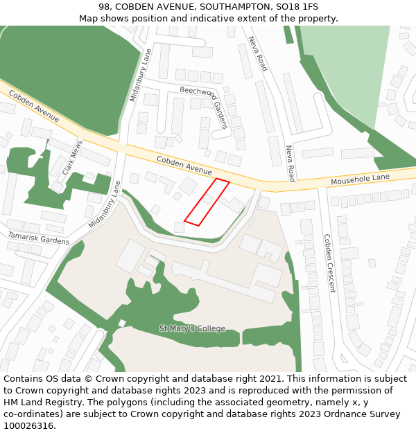 98, COBDEN AVENUE, SOUTHAMPTON, SO18 1FS: Location map and indicative extent of plot