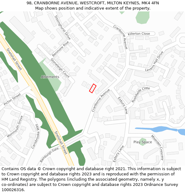 98, CRANBORNE AVENUE, WESTCROFT, MILTON KEYNES, MK4 4FN: Location map and indicative extent of plot