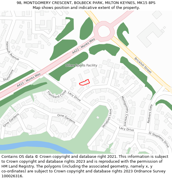 98, MONTGOMERY CRESCENT, BOLBECK PARK, MILTON KEYNES, MK15 8PS: Location map and indicative extent of plot