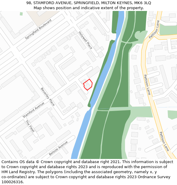 98, STAMFORD AVENUE, SPRINGFIELD, MILTON KEYNES, MK6 3LQ: Location map and indicative extent of plot