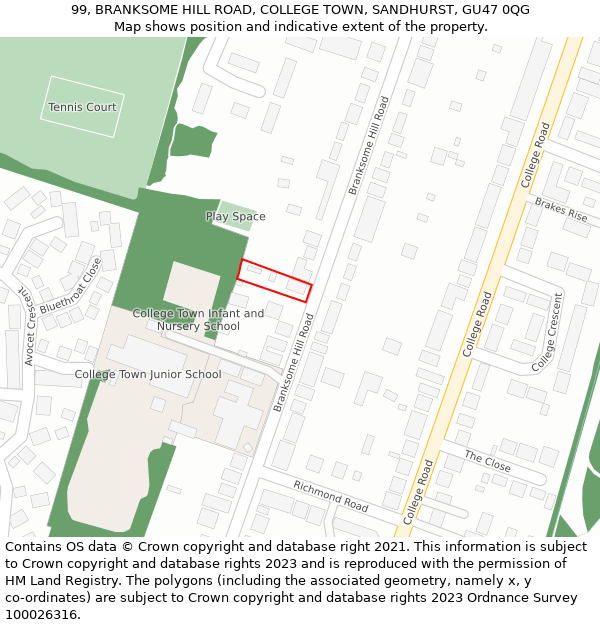 99, BRANKSOME HILL ROAD, COLLEGE TOWN, SANDHURST, GU47 0QG: Location map and indicative extent of plot