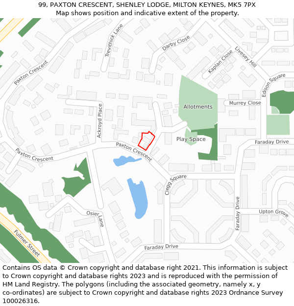 99, PAXTON CRESCENT, SHENLEY LODGE, MILTON KEYNES, MK5 7PX: Location map and indicative extent of plot