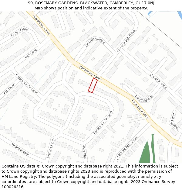 99, ROSEMARY GARDENS, BLACKWATER, CAMBERLEY, GU17 0NJ: Location map and indicative extent of plot