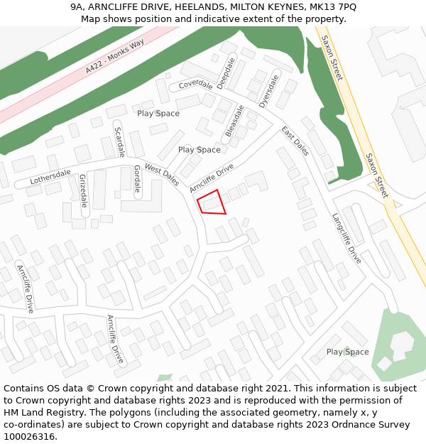 9A, ARNCLIFFE DRIVE, HEELANDS, MILTON KEYNES, MK13 7PQ: Location map and indicative extent of plot