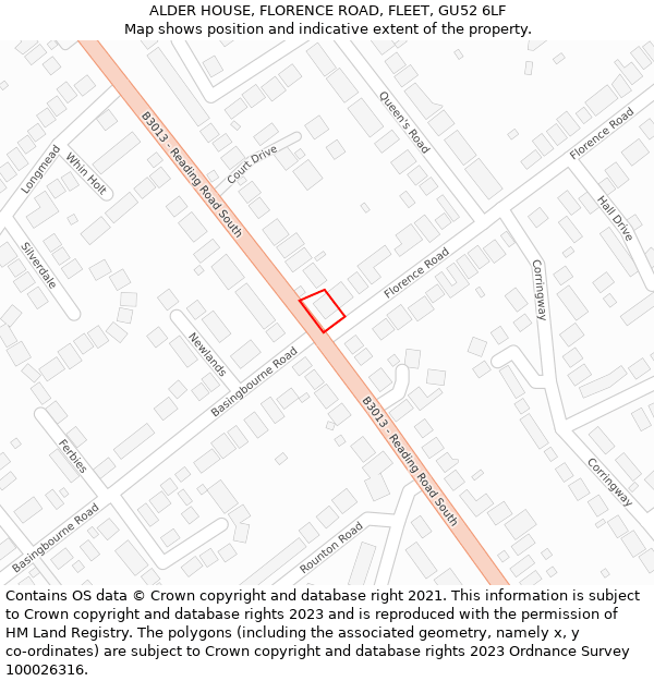 ALDER HOUSE, FLORENCE ROAD, FLEET, GU52 6LF: Location map and indicative extent of plot