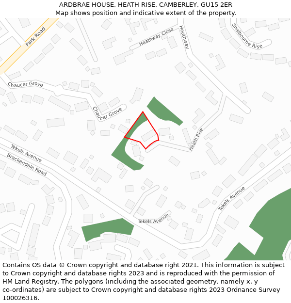 ARDBRAE HOUSE, HEATH RISE, CAMBERLEY, GU15 2ER: Location map and indicative extent of plot