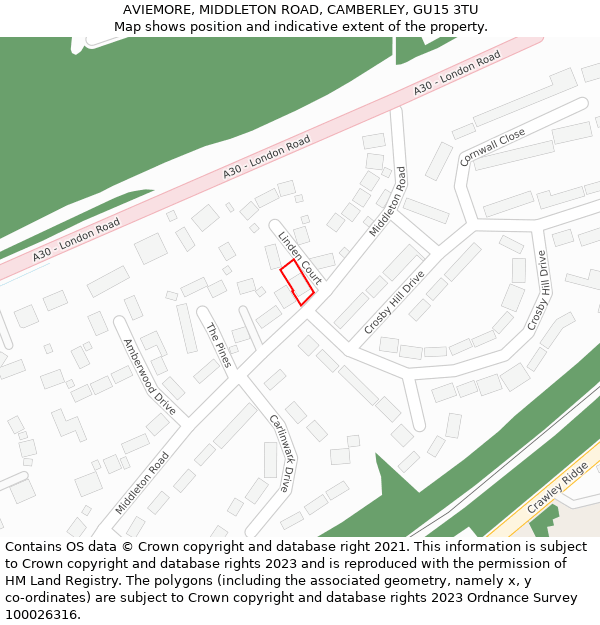 AVIEMORE, MIDDLETON ROAD, CAMBERLEY, GU15 3TU: Location map and indicative extent of plot
