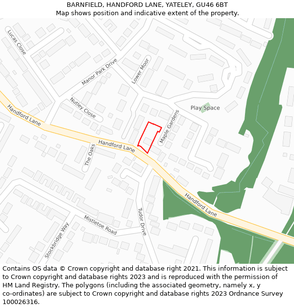 BARNFIELD, HANDFORD LANE, YATELEY, GU46 6BT: Location map and indicative extent of plot