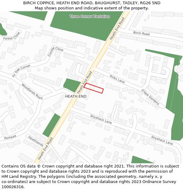 BIRCH COPPICE, HEATH END ROAD, BAUGHURST, TADLEY, RG26 5ND: Location map and indicative extent of plot