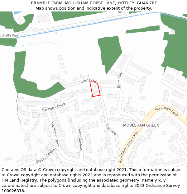 BRAMBLE FARM, MOULSHAM COPSE LANE, YATELEY, GU46 7RF: Location map and indicative extent of plot