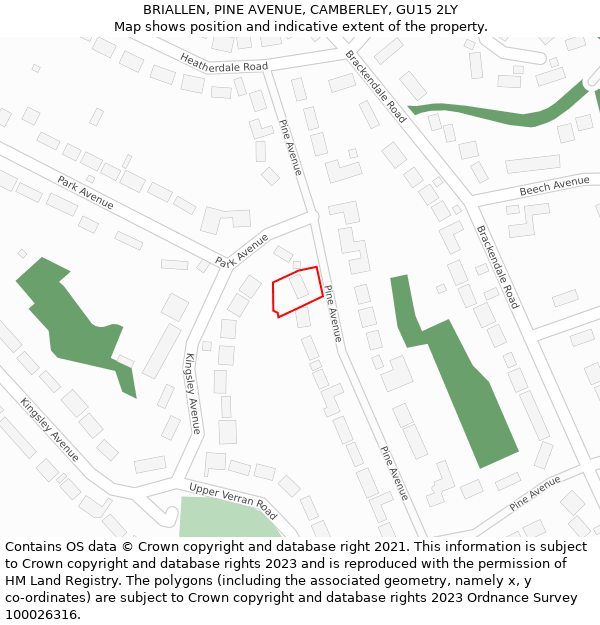 BRIALLEN, PINE AVENUE, CAMBERLEY, GU15 2LY: Location map and indicative extent of plot