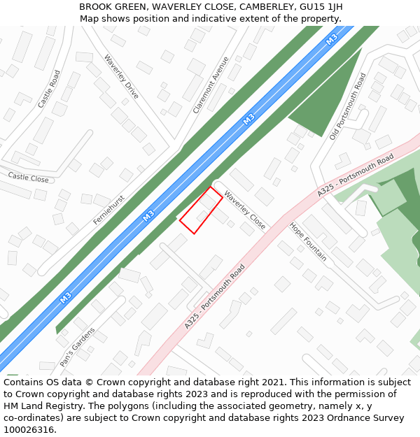 BROOK GREEN, WAVERLEY CLOSE, CAMBERLEY, GU15 1JH: Location map and indicative extent of plot