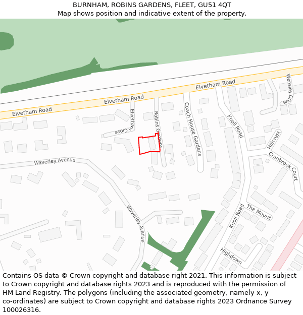 BURNHAM, ROBINS GARDENS, FLEET, GU51 4QT: Location map and indicative extent of plot