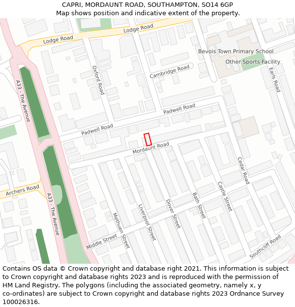 CAPRI, MORDAUNT ROAD, SOUTHAMPTON, SO14 6GP: Location map and indicative extent of plot