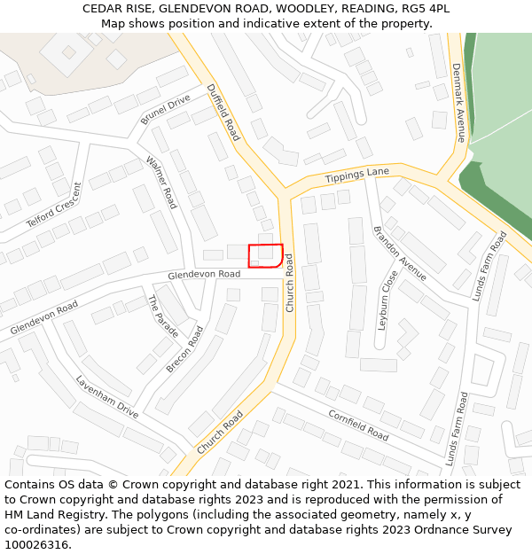 CEDAR RISE, GLENDEVON ROAD, WOODLEY, READING, RG5 4PL: Location map and indicative extent of plot