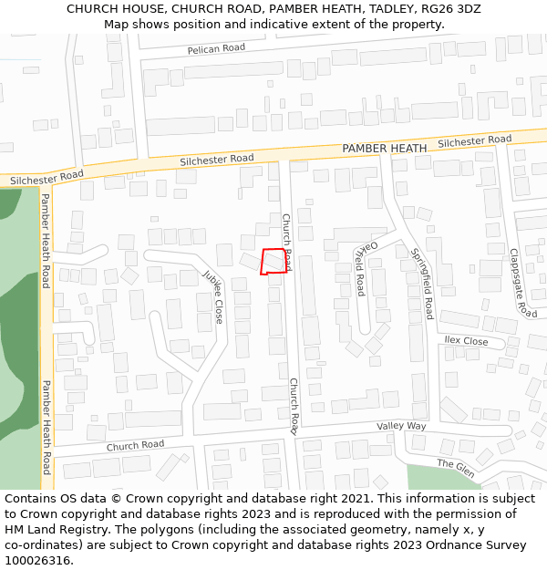 CHURCH HOUSE, CHURCH ROAD, PAMBER HEATH, TADLEY, RG26 3DZ: Location map and indicative extent of plot