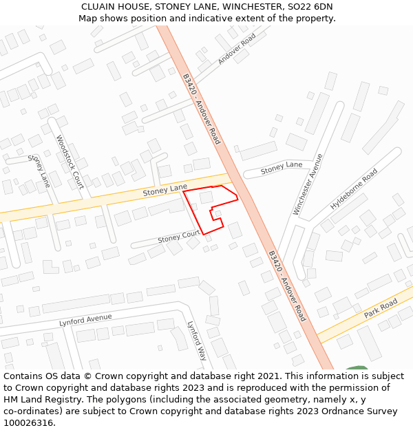 CLUAIN HOUSE, STONEY LANE, WINCHESTER, SO22 6DN: Location map and indicative extent of plot