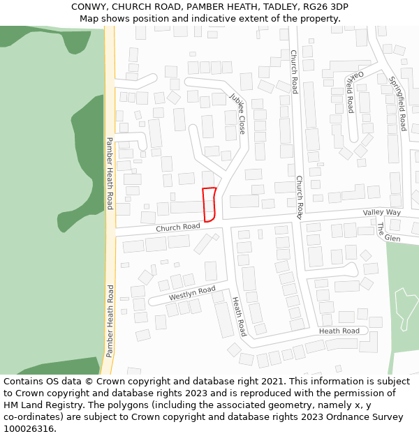 CONWY, CHURCH ROAD, PAMBER HEATH, TADLEY, RG26 3DP: Location map and indicative extent of plot
