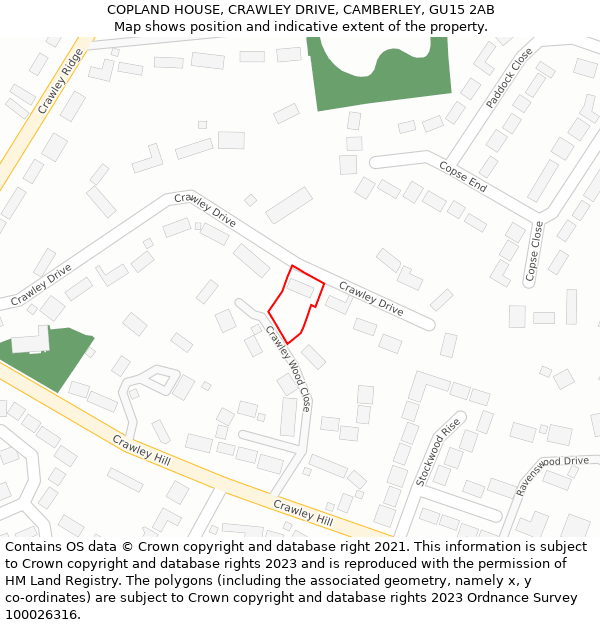 COPLAND HOUSE, CRAWLEY DRIVE, CAMBERLEY, GU15 2AB: Location map and indicative extent of plot