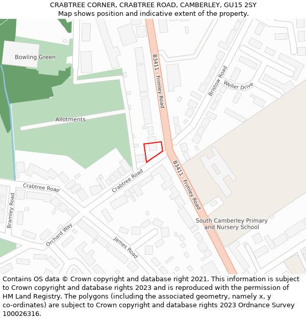 CRABTREE CORNER, CRABTREE ROAD, CAMBERLEY, GU15 2SY: Location map and indicative extent of plot