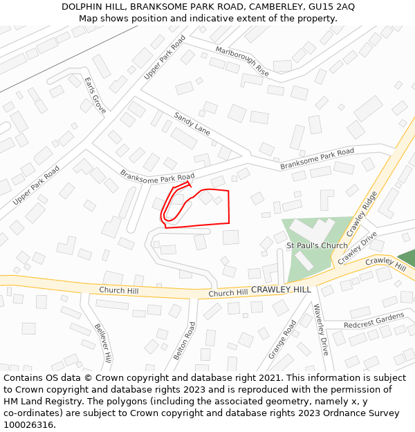 DOLPHIN HILL, BRANKSOME PARK ROAD, CAMBERLEY, GU15 2AQ: Location map and indicative extent of plot