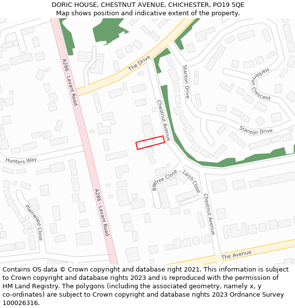 DORIC HOUSE, CHESTNUT AVENUE, CHICHESTER, PO19 5QE: Location map and indicative extent of plot