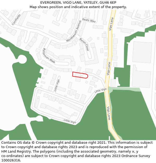 EVERGREEN, VIGO LANE, YATELEY, GU46 6EP: Location map and indicative extent of plot