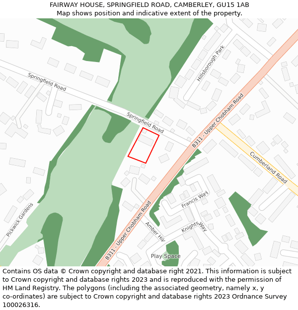 FAIRWAY HOUSE, SPRINGFIELD ROAD, CAMBERLEY, GU15 1AB: Location map and indicative extent of plot
