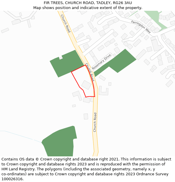 FIR TREES, CHURCH ROAD, TADLEY, RG26 3AU: Location map and indicative extent of plot