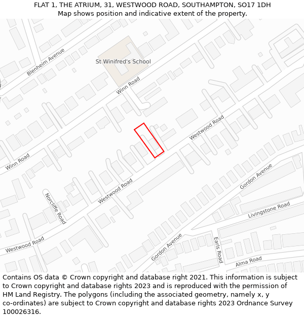 FLAT 1, THE ATRIUM, 31, WESTWOOD ROAD, SOUTHAMPTON, SO17 1DH: Location map and indicative extent of plot