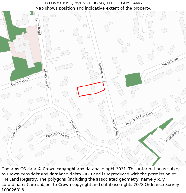FOXWAY RISE, AVENUE ROAD, FLEET, GU51 4NG: Location map and indicative extent of plot