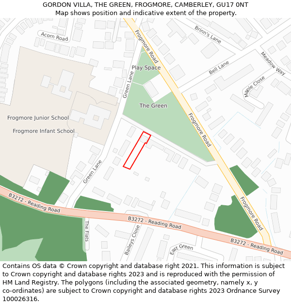 GORDON VILLA, THE GREEN, FROGMORE, CAMBERLEY, GU17 0NT: Location map and indicative extent of plot