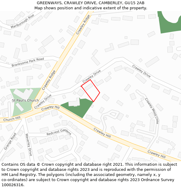 GREENWAYS, CRAWLEY DRIVE, CAMBERLEY, GU15 2AB: Location map and indicative extent of plot