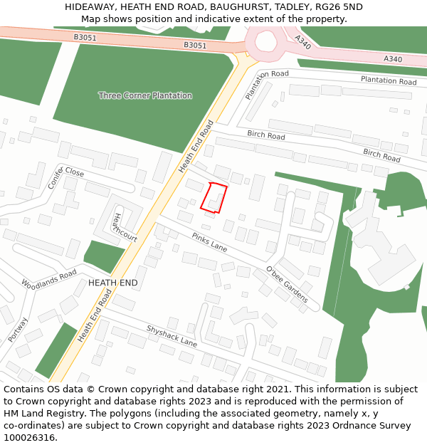 HIDEAWAY, HEATH END ROAD, BAUGHURST, TADLEY, RG26 5ND: Location map and indicative extent of plot