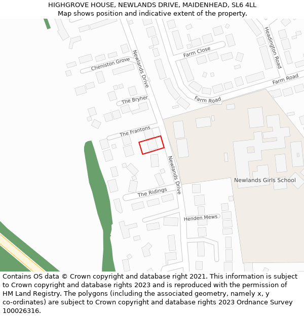 HIGHGROVE HOUSE, NEWLANDS DRIVE, MAIDENHEAD, SL6 4LL: Location map and indicative extent of plot