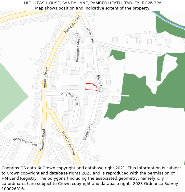 HIGHLEAS HOUSE, SANDY LANE, PAMBER HEATH, TADLEY, RG26 3PA: Location map and indicative extent of plot