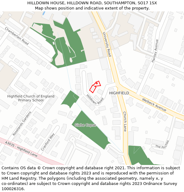 HILLDOWN HOUSE, HILLDOWN ROAD, SOUTHAMPTON, SO17 1SX: Location map and indicative extent of plot