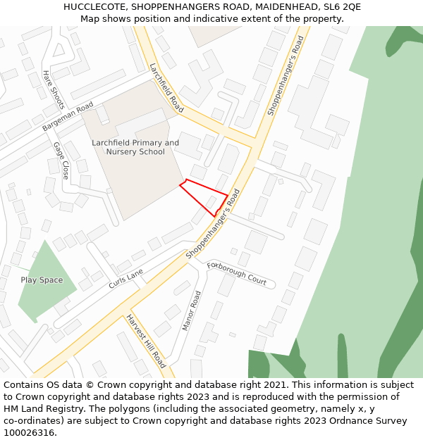 HUCCLECOTE, SHOPPENHANGERS ROAD, MAIDENHEAD, SL6 2QE: Location map and indicative extent of plot