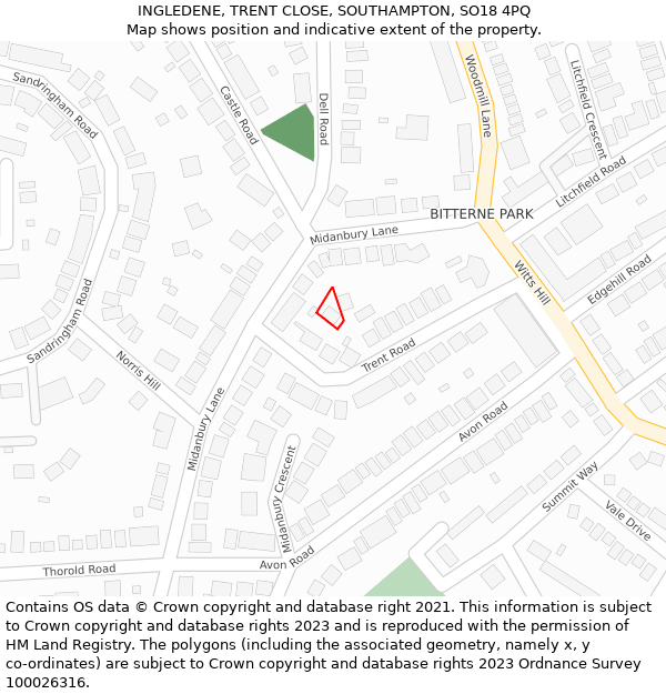 INGLEDENE, TRENT CLOSE, SOUTHAMPTON, SO18 4PQ: Location map and indicative extent of plot