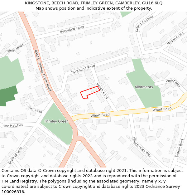 KINGSTONE, BEECH ROAD, FRIMLEY GREEN, CAMBERLEY, GU16 6LQ: Location map and indicative extent of plot
