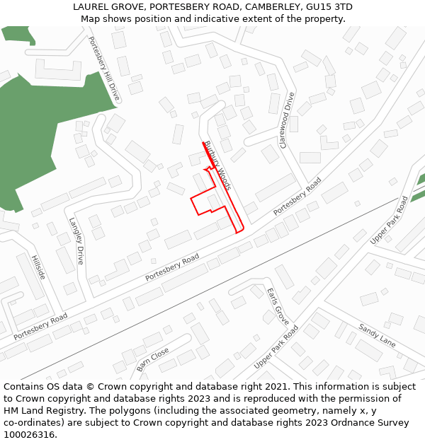 LAUREL GROVE, PORTESBERY ROAD, CAMBERLEY, GU15 3TD: Location map and indicative extent of plot